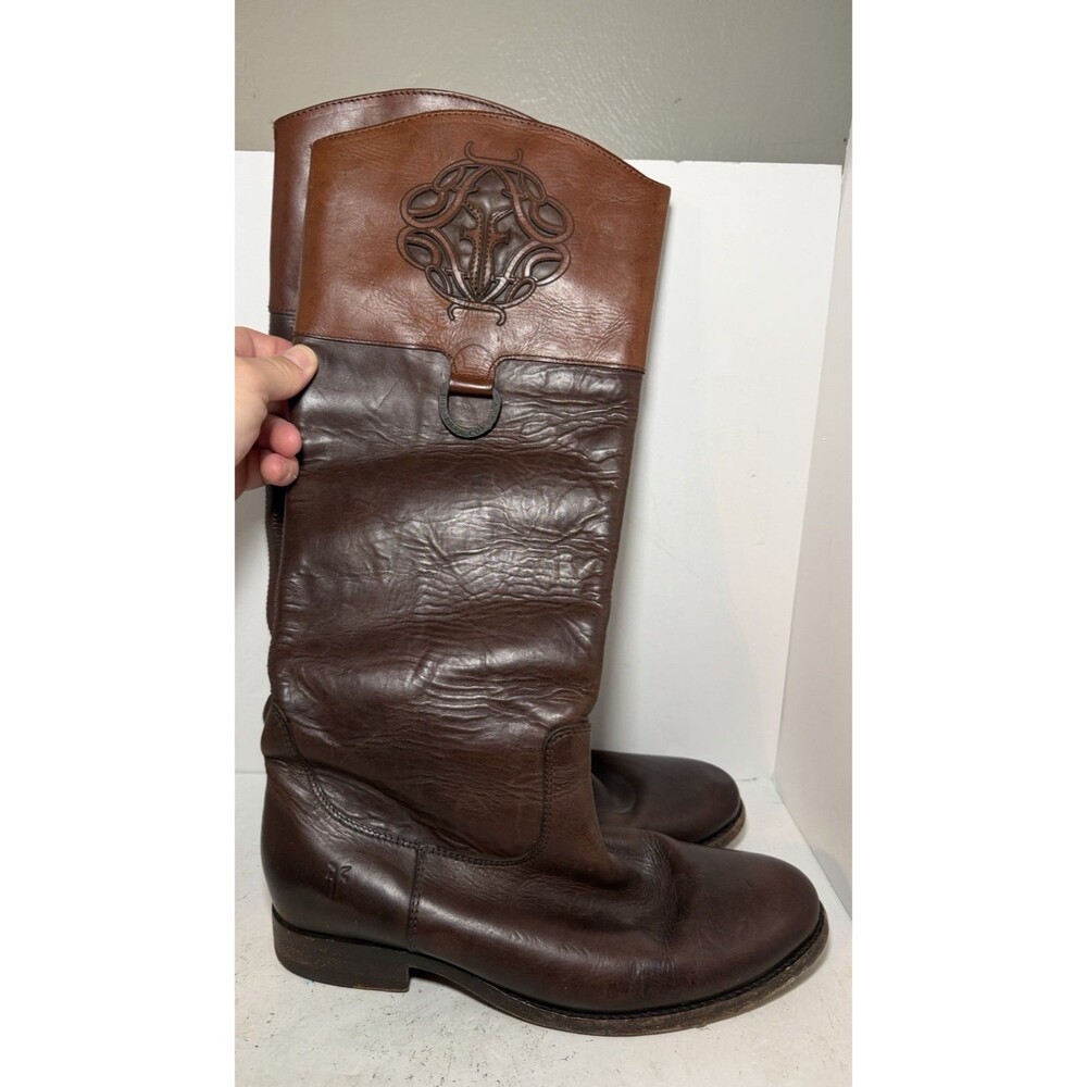Frye Melissa Women’s Riding Boots Sz 8 B Brown Leather Knee High Logo HorseBack